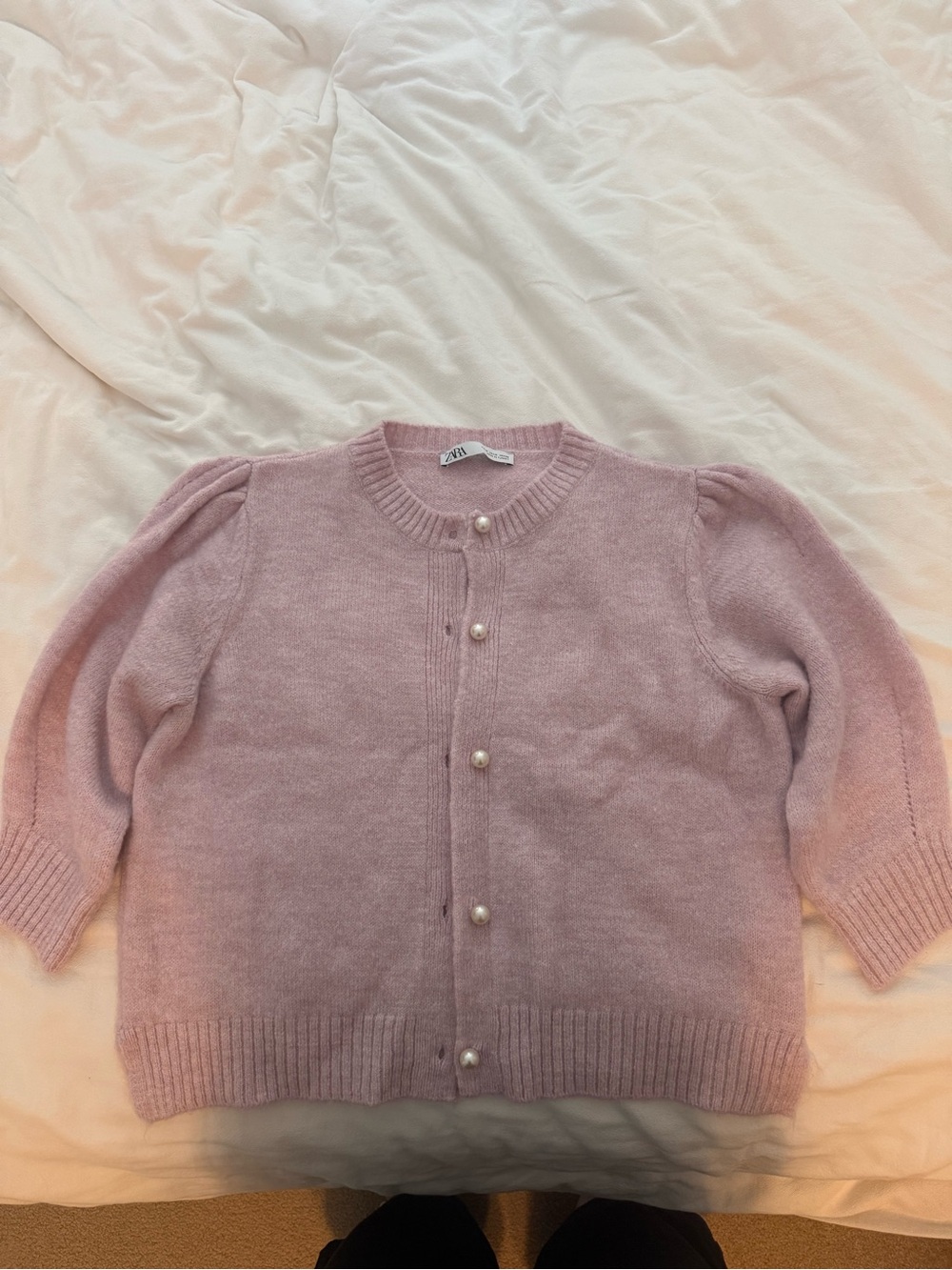 Zara Pink Pearl-Button Puff Sleeve Cardigan